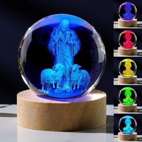 3D Crystal Good Shepherd Statue with Colorful Base Laser Engraved Jesus Figurine for Religious Gifts for Women Men on Christmas, Christian Catholic Church