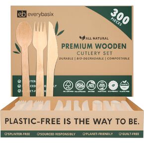 100% Compostable Utensils Disposable Cutlery Set of 300 - Eco Friendly Wooden Utensil Set, Compostable Forks Spoons Knives - Plastic Alternative & Splinter-Free Flatware Set for Camping, Picnic & More