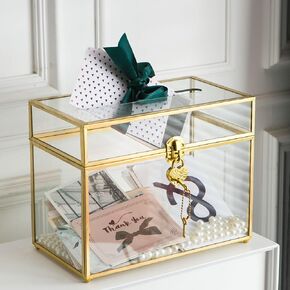Sanllusit Glass Wedding Card Box with Slot and Lock - 10.2'' Large Clear Card Box Wedding Decorations for Receptions, Gold Brass Gift Card Storage Box for Baby Shower, Birthday Party, Bridal Shower1