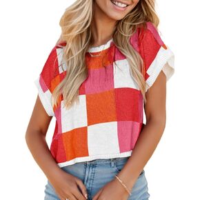Womens Cap Sleeve Crop Tops Color Block Knit Summer Crew Neck Casual Sweaters