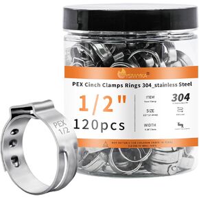 WYSIWYKA 120pcs 1/2 inch PEX Cinch Clamps Rings, 304 Stainless Steel Single Ear Hose Clamps, Pex Crimp Rings for PEX Tubing Pipe Fitting Connections