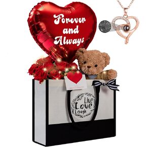 U UQUI Anniversary Flowers Gift for Her, Anniversary Rose Gifts for Wife, Anniversary Basket Gift Ideas, including Rose Flowers Teddy Bear Necklace Tote Bag String Light Balloon Card