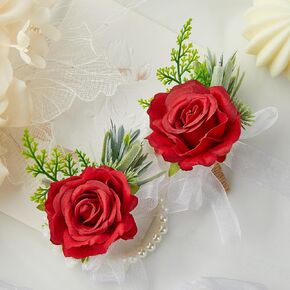 2Pcs Red Corsage and Boutonniere Set Rose Handmade Silk Flower for Red Wedding Flower Accessories Prom Party Suit Decorations Corsage Wristlet for Prom Decor