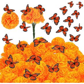 Hanaive 80 Pcs Artificial Marigold Flowers Marigold Garland 60 Silk Marigold Flowers with Stem 20 Monarch Butterfly for Dia De Los Muertos Decorations for Halloween Home Wedding Mexican Indian