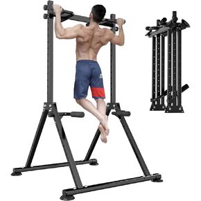 Foldable Power Tower Dip Station Pull Up Bar, Multifunction Triangular Structure Pull Up Station Home Gym Strength Training Workout Equipment