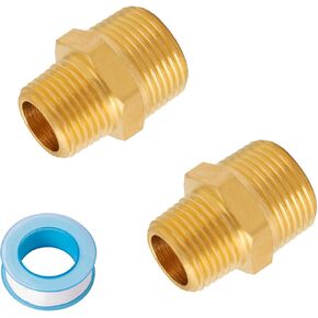 SUNGATOR Reducing Hex Nipple, Brass Pipe Fitting, 1/2" NPT Male x 3/8" NPT Male Reducer Pipe Adapter Connectors with Sealing Tape (2 Pack)