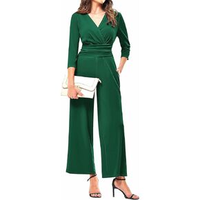 JASAMBAC 3/4 Length Sleeve Women's Jumpsuits Dressy Casual Wrap V Neck Empire Waist Romper Flowy Pants Outfits Overalls