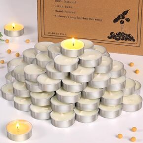 شموع Tealight 50 عبوة [4 ساعات مشتعلة] شموع شمع الصويا الصغيرة غير المعطرة باللون الأبيض وبدون دخان مع فتيل قطن 100% لديكور المنزل، وحفلات الزفاف، والشبت، وعيد الميلاد