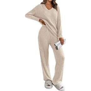 PRETTYGARDEN Women's 2 Piece Lounge Sets Ribbed Knit Long Sleeve V Neck Pullover Tops Wide Leg Pants Fall Winter Outfits