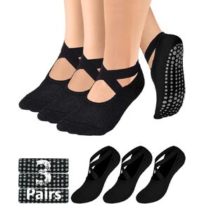 AURUZA Pilates Grip Socks for Women Non Slip Skid Yoga Socks with Grips Straps for Ballet Dance Workout Gripper Socks