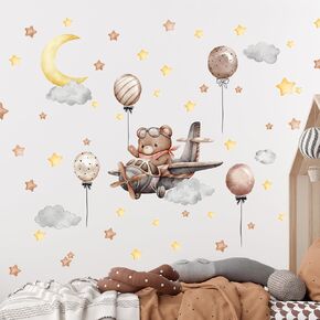 Tanlaby Cartoon Airplane Bear Pilot Wall Stickers Balloon Moon Stars Wall Decals Self-Adhesive Peel and Stick Removable Wall Art Decor for Nursery Kids Bedroom Playroom Classroom Decor