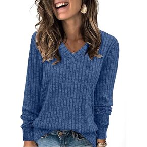 SAMPEEL V Neck Long Sleeve Shirts for Women Casual Fall Tops Lightweight Tunic Sweaters Fashion Clothes 2024