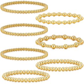 7Pcs Gold Bracelets for Women Gold Plated Beaded Bracelet Elastic Stretch Bead Ball Stack Set Stretchable Adjustable Gold Jewelry Gifts for Girls