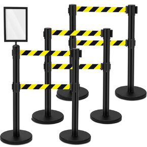 Therwen 6 Pcs Crowd Control Stanchions Set Stainless Steel Barrier Post with Dual Retractable Belt 16.4 ft and 1 Sign Holder Safety Barrier Stand Line Dividers(Black)