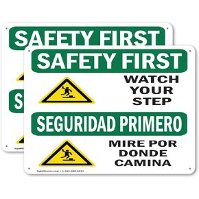 (2 Pack) Watch Your Step With Symbol Bilingual OSHA Safety First Sign 10 Inch X 7 Inch Vinyl Label Decal Sticker Weather Resistant, UV Protected for Workplace, Business, and Construction Site, Made in the USA