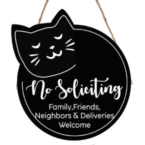 Funny No Soliciting Front Door Sign,Cute Black Cat Hanging Wooden Front Door Sign for Cat Lover Home Pet Shop Decor,Black Cat Wall Decor,Cat Lover Gift
