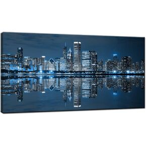 LevvArts Modern City Wall Art Chicago Downtown at Night Picture Print on Canvas Building Artwork for Office Living Room Wall Decoration