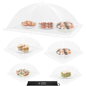 Food Covers, 1 Extra Large (40"X23.7") & 4 (17"X17"), 5 Pack White Mesh Plate Serving Tents, Pop-Up Umbrella Screen Tents, Jumbo Food Net for Outdoor Picnics Parties BBQ, Collapsible Reusable