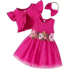 ABAFIP Toddler Baby Girl Dress Cardigan set Summer Flower Dress Ruffle Bolero Shrug Coat Headband Outfits