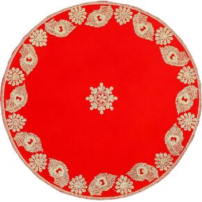 Decorative Mat Aasan Round Velvet Pooja Cloth Mat Aasan Decorative Cloth with Sequence Work for Indian Traditional Multipurpose Pooja Festival Decorations Item & Article(Size:- 21'')(Red)