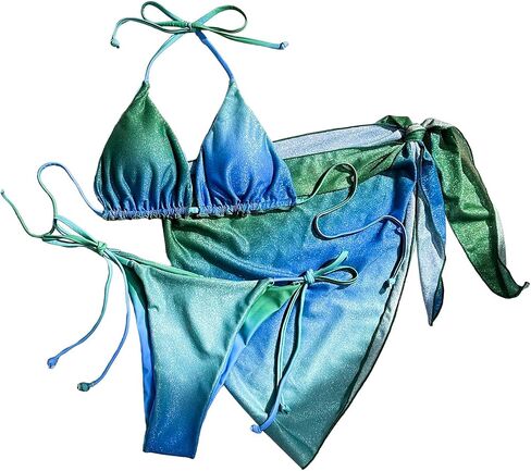 SHENHE Women's 3 Piece Swimsuit Ombre Halter Triangle Bikini Set with Tie Side Beach Skirt in Saudi Arabia