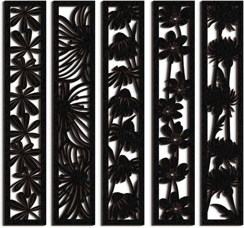 5 Pieces Wooden Wall Art Hollow Wall Decor Wood Wall Accents Themed Wood Panels for Home Decorations Bedroom Living Room, 15.7 x 2.9 x 0.2 Inch (Black, Floral) in Saudi Arabia