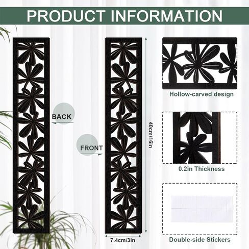 5 Pieces Wooden Wall Art Hollow Wall Decor Wood Wall Accents Themed Wood Panels for Home Decorations Bedroom Living Room, 15.7 x 2.9 x 0.2 Inch (Black, Floral) in Saudi Arabia