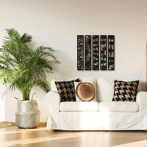 5 Pieces Wooden Wall Art Hollow Wall Decor Wood Wall Accents Themed Wood Panels for Home Decorations Bedroom Living Room, 15.7 x 2.9 x 0.2 Inch (Black, Floral) in Saudi Arabia