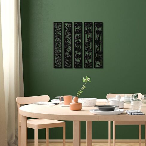 5 Pieces Wooden Wall Art Hollow Wall Decor Wood Wall Accents Themed Wood Panels for Home Decorations Bedroom Living Room, 15.7 x 2.9 x 0.2 Inch (Black, Floral) in Saudi Arabia