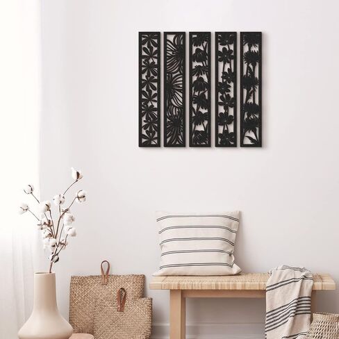 5 Pieces Wooden Wall Art Hollow Wall Decor Wood Wall Accents Themed Wood Panels for Home Decorations Bedroom Living Room, 15.7 x 2.9 x 0.2 Inch (Black, Floral) in Saudi Arabia