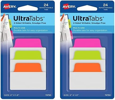 Avery Multiuse Ultra Tabs, 2" x 1.5", 2-Side Writable, Neon Pink/Green/Orange, 24 Repositionable Tabs (74753) in Saudi Arabia