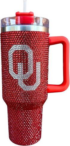 Lashicorn Oklahoma Rhinestone Tumbler 40 oz with Lid Straw Sparkle Bling Red Letter O University Matches Beaded Purse Strap Football Cup Mug Diamond Bedazzled in Saudi Arabia