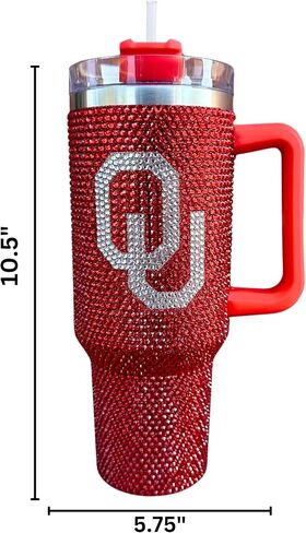 Lashicorn Oklahoma Rhinestone Tumbler 40 oz with Lid Straw Sparkle Bling Red Letter O University Matches Beaded Purse Strap Football Cup Mug Diamond Bedazzled in Saudi Arabia