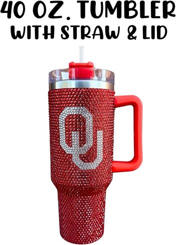 Lashicorn Oklahoma Rhinestone Tumbler 40 oz with Lid Straw Sparkle Bling Red Letter O University Matches Beaded Purse Strap Football Cup Mug Diamond Bedazzled in Saudi Arabia