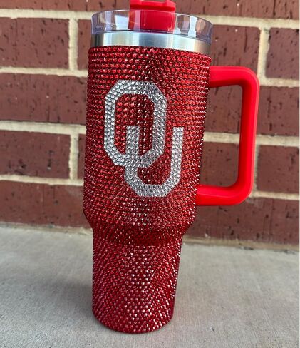 Lashicorn Oklahoma Rhinestone Tumbler 40 oz with Lid Straw Sparkle Bling Red Letter O University Matches Beaded Purse Strap Football Cup Mug Diamond Bedazzled in Saudi Arabia