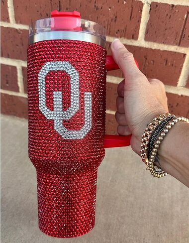 Lashicorn Oklahoma Rhinestone Tumbler 40 oz with Lid Straw Sparkle Bling Red Letter O University Matches Beaded Purse Strap Football Cup Mug Diamond Bedazzled in Saudi Arabia
