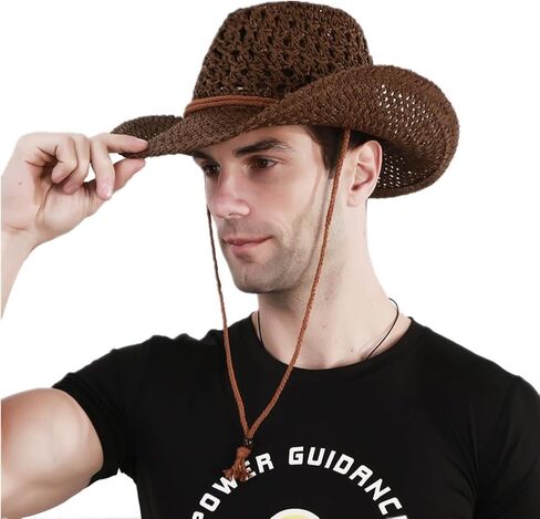 Men’s Western Cowboy Hat Wide Brim Shapeable Panama Straw Hat Summer Beach Sun Hat Outdoor Travel Cap with Chin Strap in Saudi Arabia