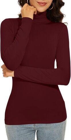 Dark Red Turtleneck Women Thermal Shirts Christmas Long Sleeve Underscrubs Tops Warm Basic Layer Winter (Dark Red L) in Saudi Arabia