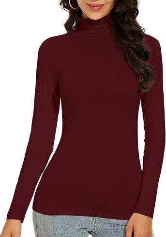 Dark Red Turtleneck Women Thermal Shirts Christmas Long Sleeve Underscrubs Tops Warm Basic Layer Winter (Dark Red L) in Saudi Arabia