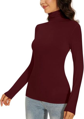 Dark Red Turtleneck Women Thermal Shirts Christmas Long Sleeve Underscrubs Tops Warm Basic Layer Winter (Dark Red L) in Saudi Arabia