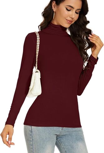 Dark Red Turtleneck Women Thermal Shirts Christmas Long Sleeve Underscrubs Tops Warm Basic Layer Winter (Dark Red L) in Saudi Arabia