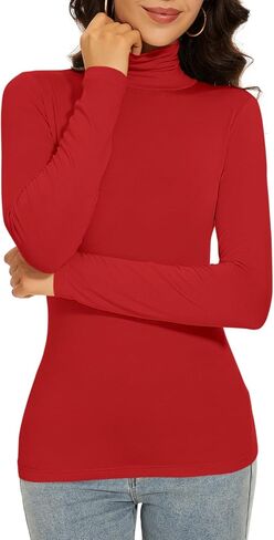Dark Red Turtleneck Women Thermal Shirts Christmas Long Sleeve Underscrubs Tops Warm Basic Layer Winter (Dark Red L) in Saudi Arabia