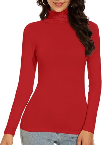 Dark Red Turtleneck Women Thermal Shirts Christmas Long Sleeve Underscrubs Tops Warm Basic Layer Winter (Dark Red L) in Saudi Arabia