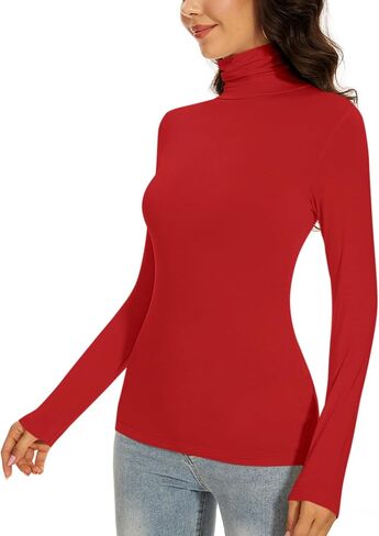 Dark Red Turtleneck Women Thermal Shirts Christmas Long Sleeve Underscrubs Tops Warm Basic Layer Winter (Dark Red L) in Saudi Arabia