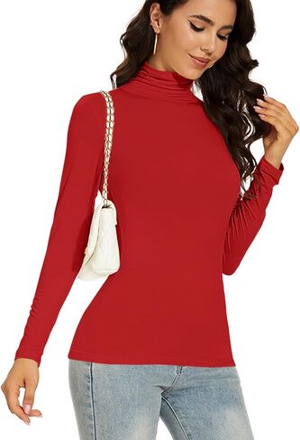 Dark Red Turtleneck Women Thermal Shirts Christmas Long Sleeve Underscrubs Tops Warm Basic Layer Winter (Dark Red L) in Saudi Arabia