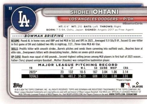 Shohei Ohtani 2024 Bowman Baseball Series Mint Card #33 made by Topps One of the First cards picturing him in his new White Los Angeles Dodgers Jersey in Saudi Arabia