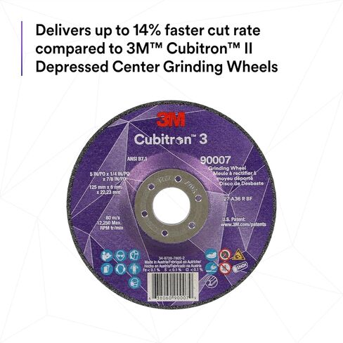 3M Cubitron 3 Depressed Center Grinding Wheel, 90002, 36+, T27, 4-1/2 in x 1/4 in x 5/8 in-11, Pack of 10, ANSI, Precision Shaped Grain, Beveling, Weld Grinding, Heavy Deburring, Slag Removal in Saudi Arabia