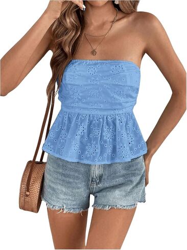 SHENHE Women's Ruffle Tube Top Smocked Eyelet Strapless Peplum Top Cute Summer Boho Top in Kuwait