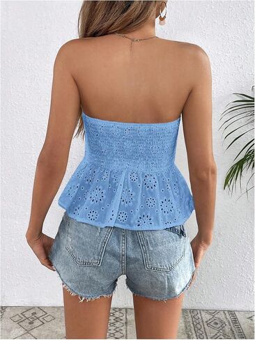 SHENHE Women's Ruffle Tube Top Smocked Eyelet Strapless Peplum Top Cute Summer Boho Top in Kuwait