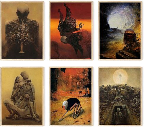 RIUFIN Zdzisław Beksiński جدار الفن، مجموعة من 6 مطبوعات فنية لتزيين الحائط ملصق عتيق، لوحة زخرفية جمالية لجدار غرفة المعيشة وغرفة النوم، لوحة زخرفية ريفية (غير مؤطرة 10 × 14 بوصة) in Saudi Arabia